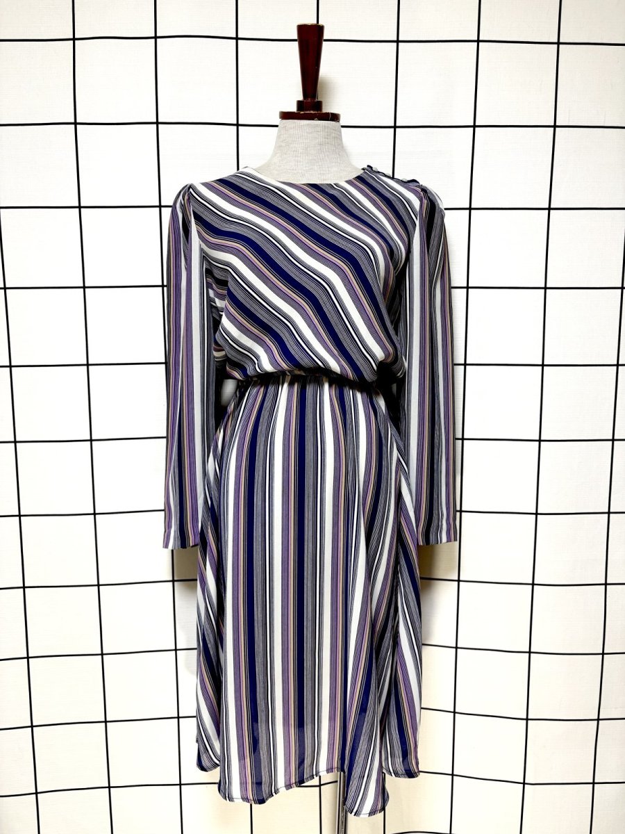 画像1: ストライプ ウエストゴム レトロ USA古着 ヴィンテージワンピース (1)