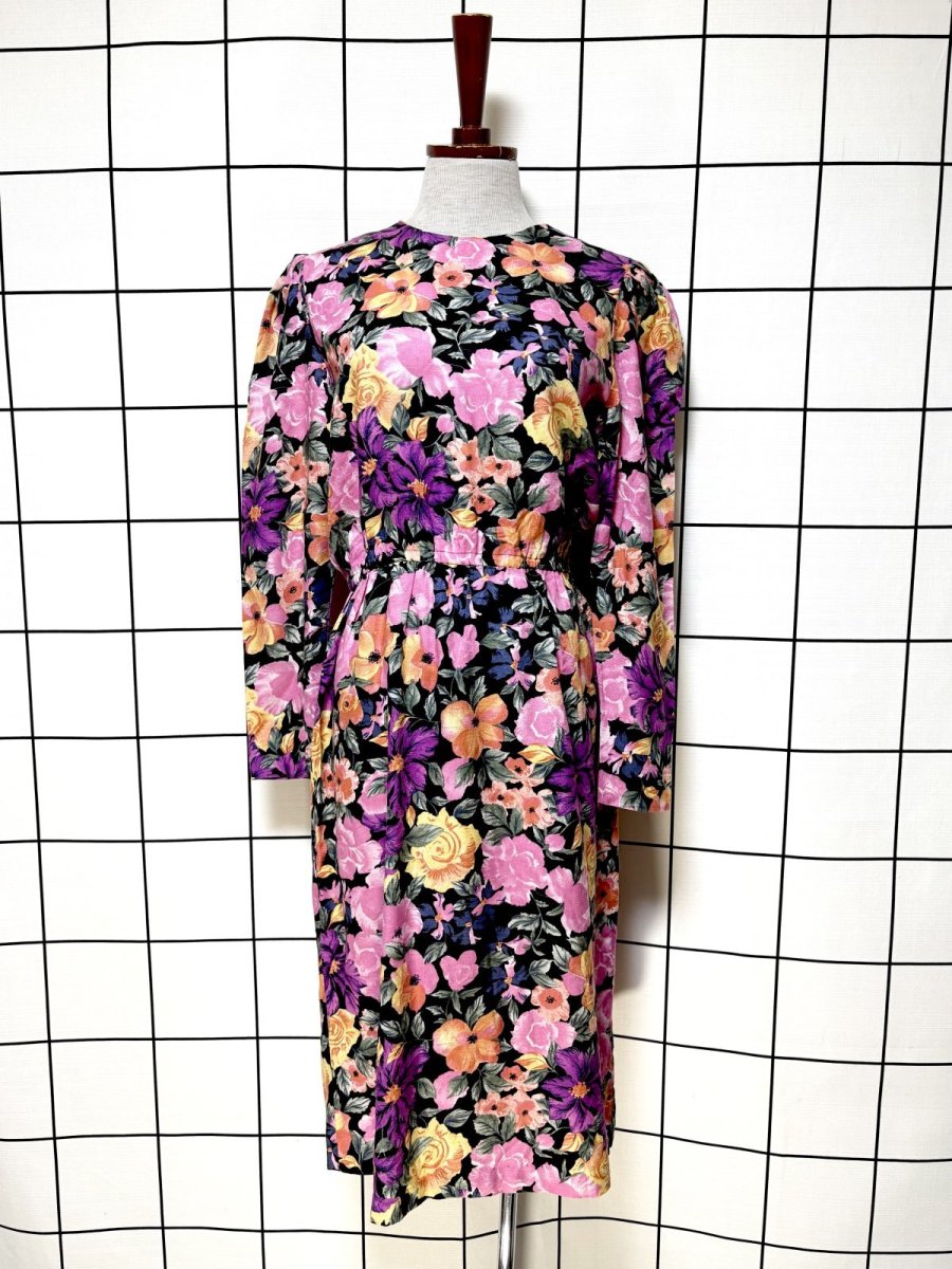 画像1: 花柄 ノーカラー ウエストゴム レトロ USA古着 ヴィンテージワンピース (1)