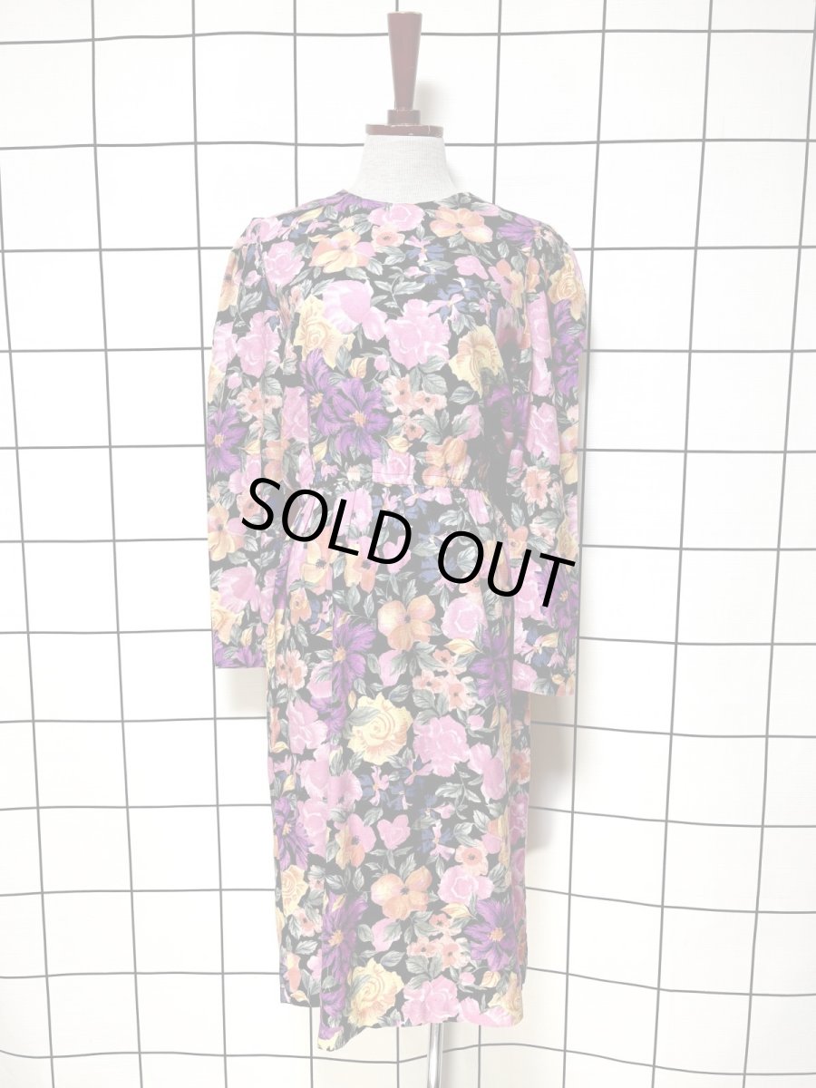 画像1: 花柄 ノーカラー ウエストゴム レトロ USA古着 ヴィンテージワンピース (1)