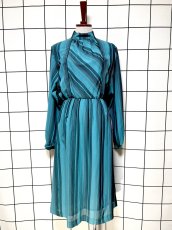 画像1: ドルマンスリーブ スタンドカラー ストライプ ウエストゴム レトロ ヨーロッパ古着 ヴィンテージワンピース (1)