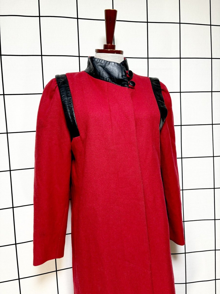 画像4: レザー切り替え ウール レッド レトロ USA古着 ヴィンテージコート (4)