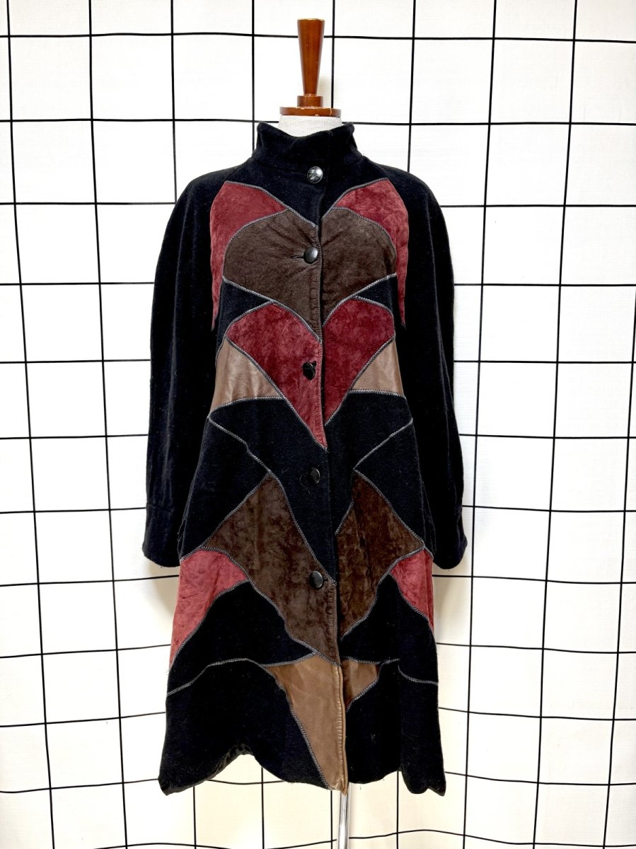 画像1: フランス製 FRANCE パッチワーク調 マルチプリント ウール レトロ ヨーロッパ古着 ヴィンテージコート (1)