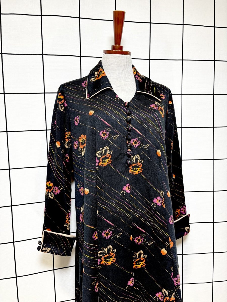 画像3: 花柄 ストライプ ブラック レトロ ヨーロッパ古着 ヴィンテージワンピース (3)