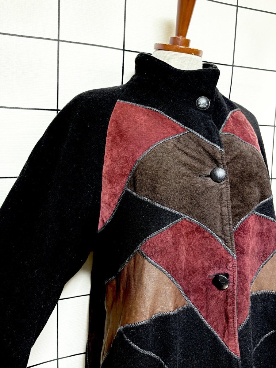 画像6: フランス製 FRANCE パッチワーク調 マルチプリント ウール レトロ ヨーロッパ古着 ヴィンテージコート (6)