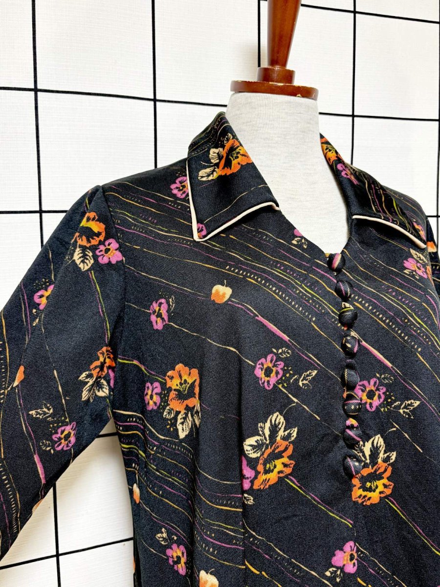 画像6: 花柄 ストライプ ブラック レトロ ヨーロッパ古着 ヴィンテージワンピース (6)