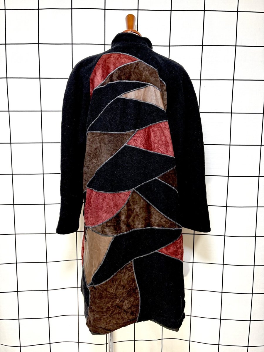 画像2: フランス製 FRANCE パッチワーク調 マルチプリント ウール レトロ ヨーロッパ古着 ヴィンテージコート (2)