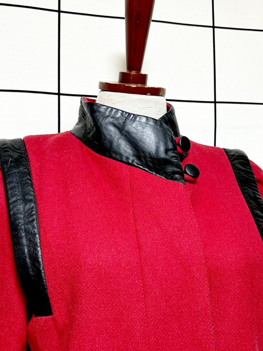 画像6: レザー切り替え ウール レッド レトロ USA古着 ヴィンテージコート (6)