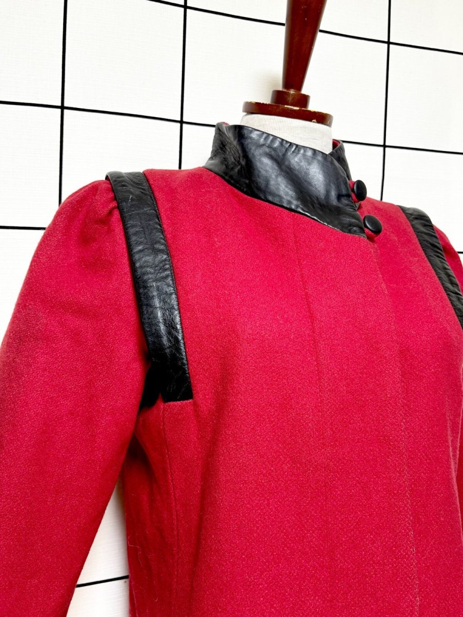画像7: レザー切り替え ウール レッド レトロ USA古着 ヴィンテージコート (7)