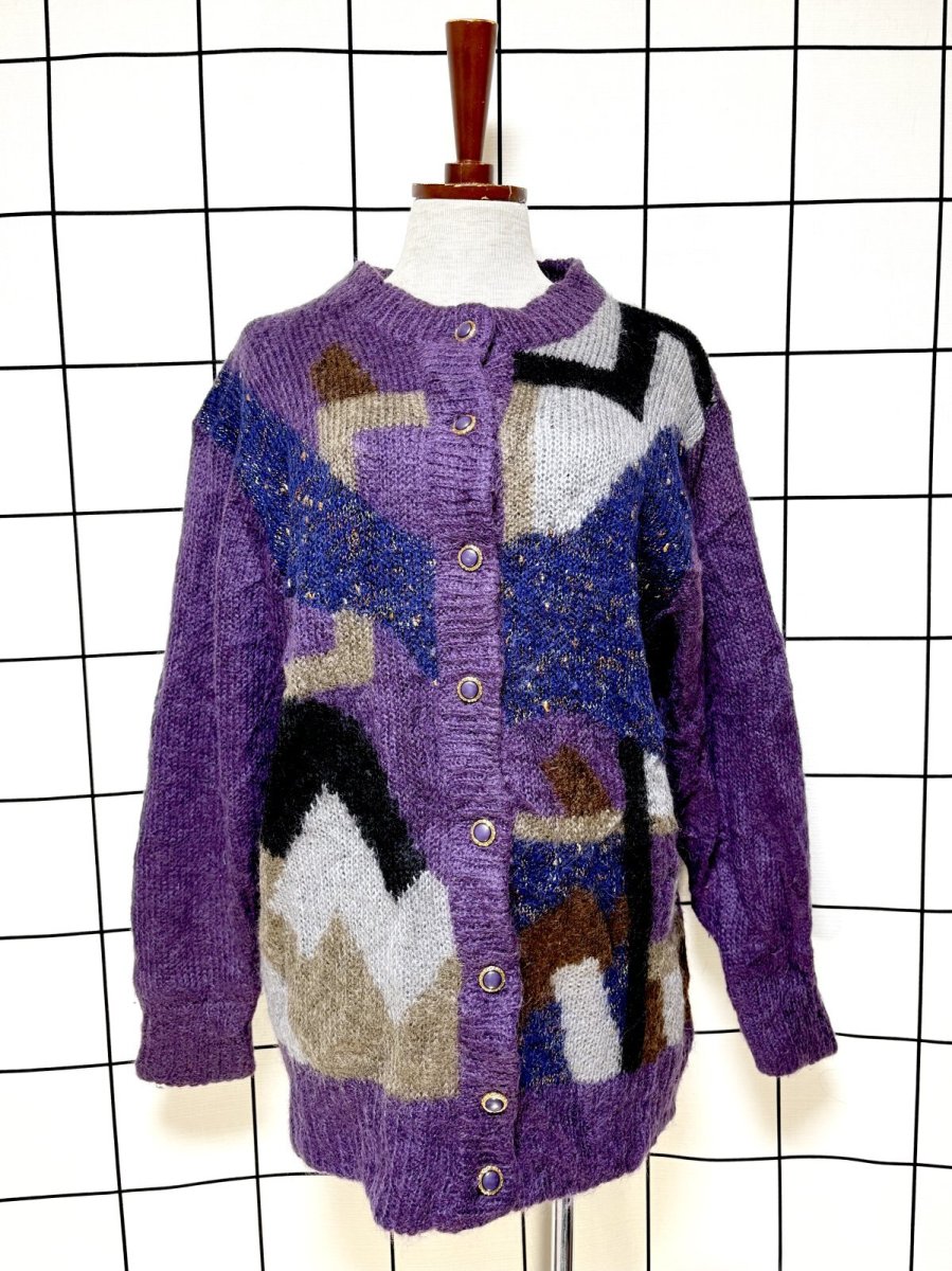 画像1: レトロなフロントボタンが可愛い ラメ入り USA古着 ヴィンテージニットカーディガン (1)