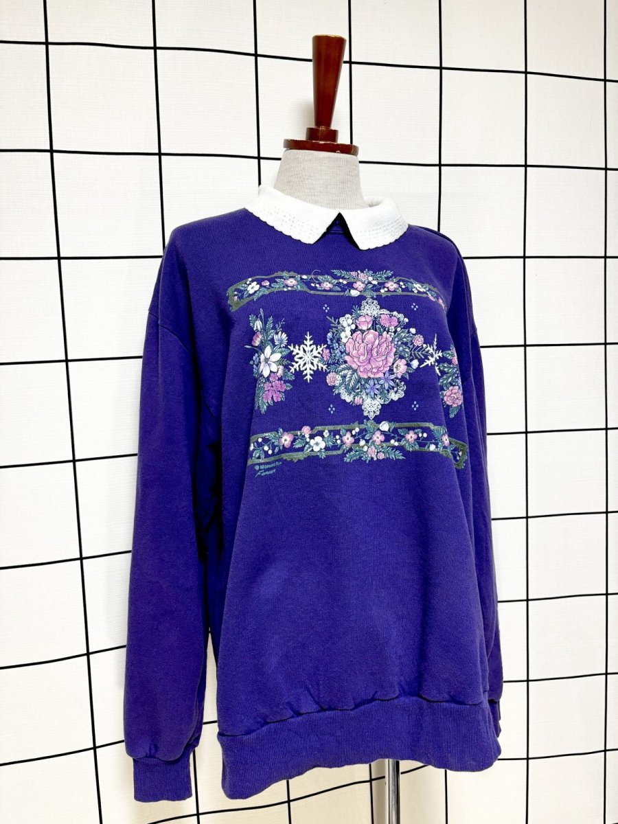 画像3: Ｍorningsun 花柄  ラメ入り パープル 襟付き レトロ USA古着 ヴィンテージスウェット (3)