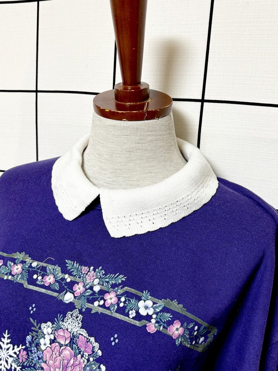 画像4: Ｍorningsun 花柄  ラメ入り パープル 襟付き レトロ USA古着 ヴィンテージスウェット (4)