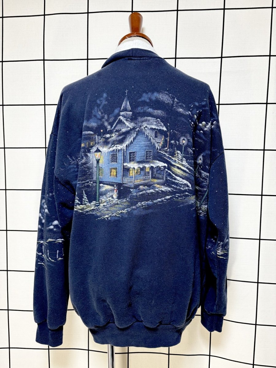画像2: バックプリントもあり ハウス柄 ネイビー ハイネック レトロ USA古着 ヴィンテージスウェット (2)
