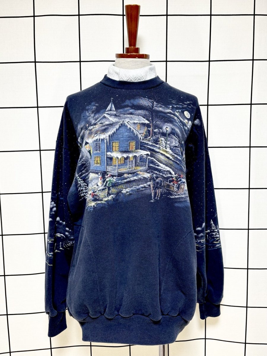 画像1: バックプリントもあり ハウス柄 ネイビー ハイネック レトロ USA古着 ヴィンテージスウェット (1)