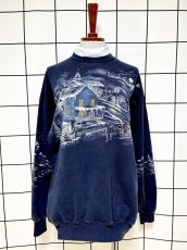 画像1: バックプリントもあり ハウス柄 ネイビー ハイネック レトロ USA古着 ヴィンテージスウェット (1)