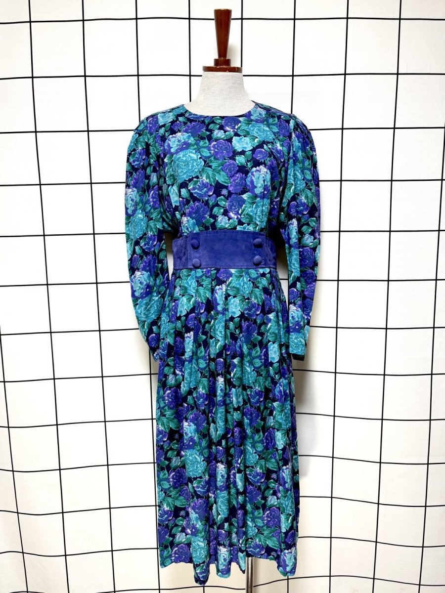 画像1: 花柄 スエードライン レトロ USA古着 ヴィンテージワンピース (1)