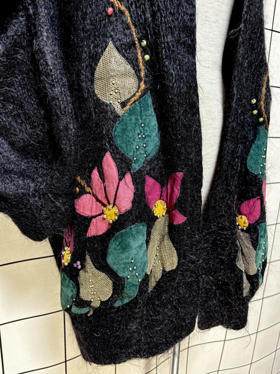 画像7: フラワーパッチ モヘア ブラック レトロ USA古着 ヴィンテージ ロングニットカーディガン (7)