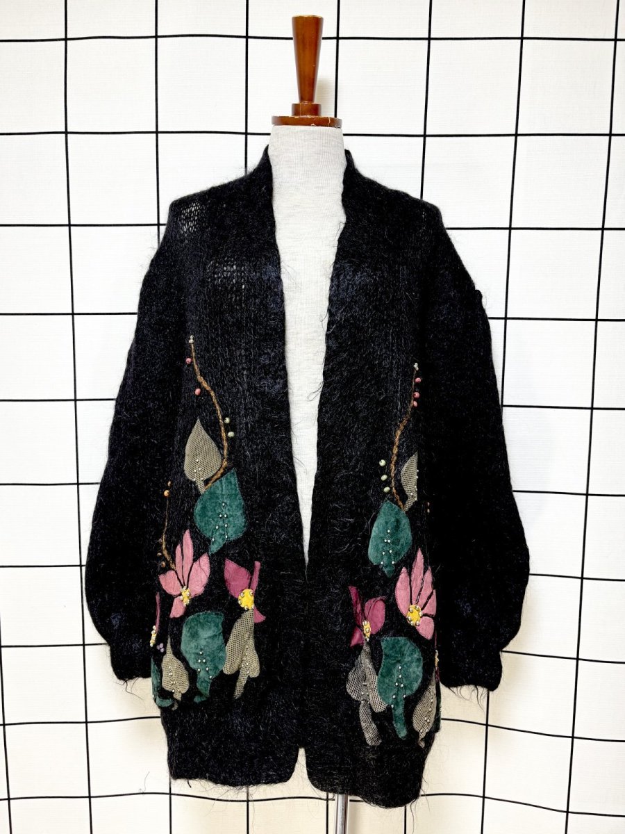 画像1: フラワーパッチ モヘア ブラック レトロ USA古着 ヴィンテージ ロングニットカーディガン (1)