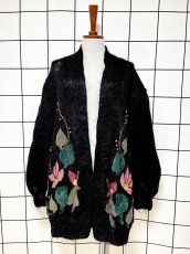 画像1: フラワーパッチ モヘア ブラック レトロ USA古着 ヴィンテージ ロングニットカーディガン (1)