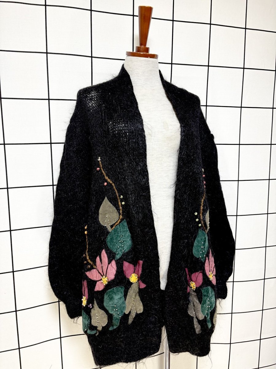 画像3: フラワーパッチ モヘア ブラック レトロ USA古着 ヴィンテージ ロングニットカーディガン (3)