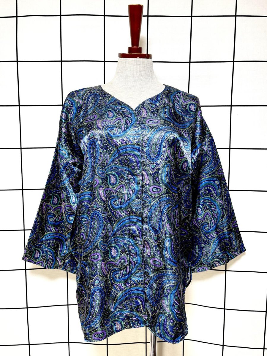 画像1: レトロサイケ ペイズリー ノーカラー レトロ USA古着 ヴィンテージブラウス (1)