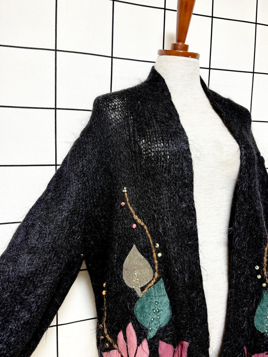 画像6: フラワーパッチ モヘア ブラック レトロ USA古着 ヴィンテージ ロングニットカーディガン (6)