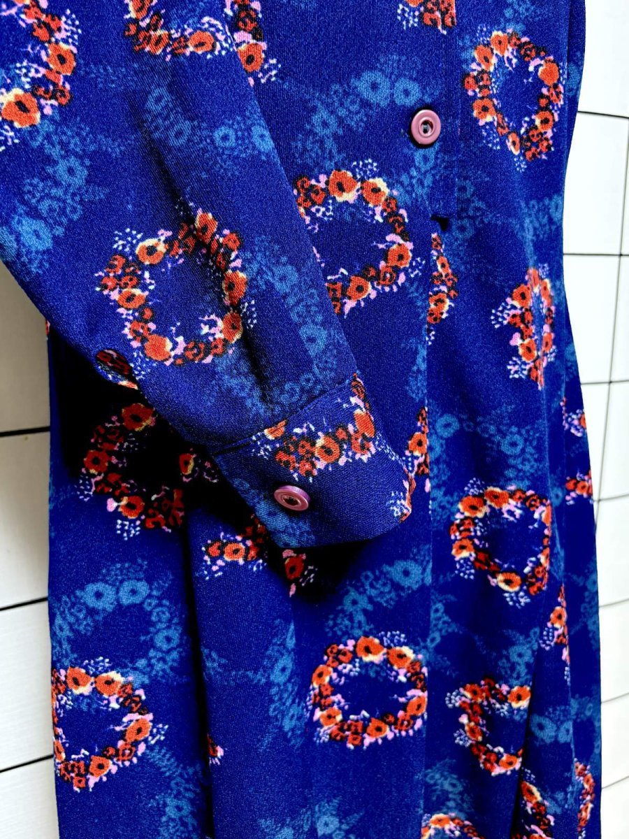 画像7: 花柄 ネイビー 長袖 レトロ ヨーロッパ古着 ヴィンテージワンピース (7)