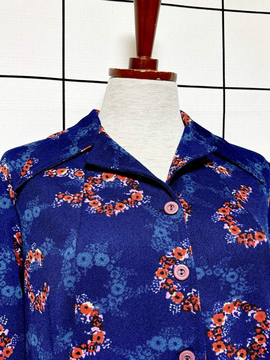 画像5: 花柄 ネイビー 長袖 レトロ ヨーロッパ古着 ヴィンテージワンピース (5)