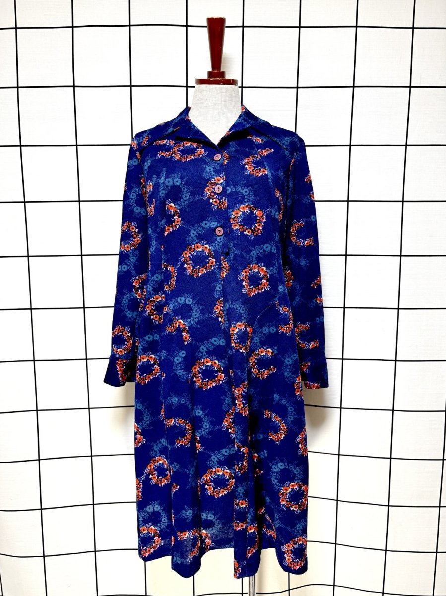 画像1: 花柄 ネイビー 長袖 レトロ ヨーロッパ古着 ヴィンテージワンピース (1)