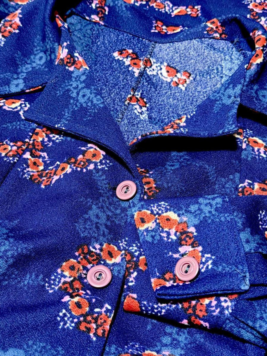 画像9: 花柄 ネイビー 長袖 レトロ ヨーロッパ古着 ヴィンテージワンピース (9)