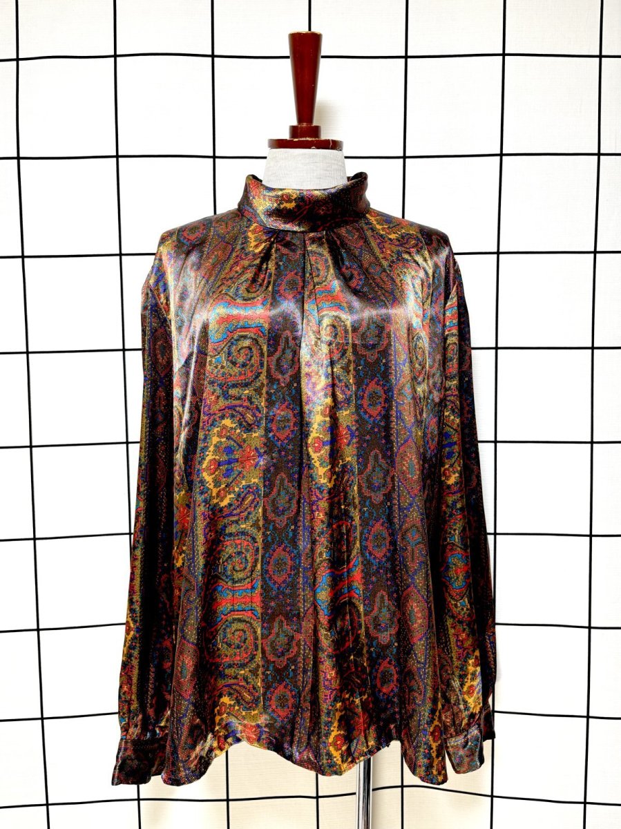 画像1: 総柄 タートルネック プルオーバー レトロ USA古着 長袖 シャツ トップス (1)