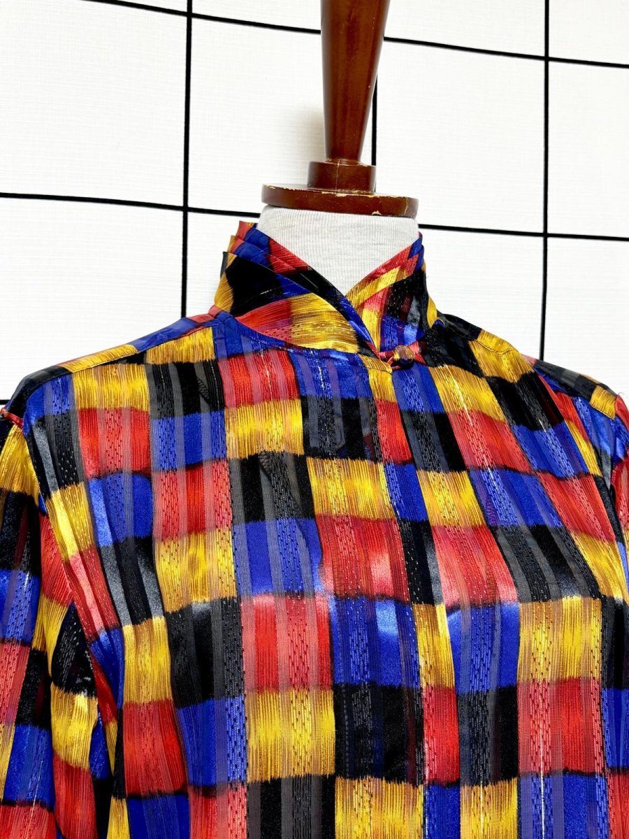 画像5: カラフルチェック ピンドット織り ハイネック レトロ USA古着 シャツ ヴィンテージブラウス (5)
