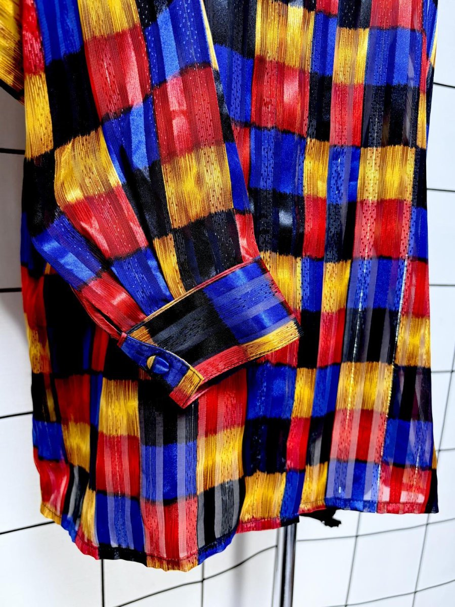 画像7: カラフルチェック ピンドット織り ハイネック レトロ USA古着 シャツ ヴィンテージブラウス (7)