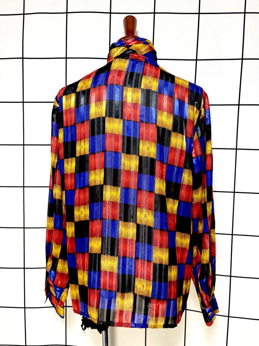 画像2: カラフルチェック ピンドット織り ハイネック レトロ USA古着 シャツ ヴィンテージブラウス (2)