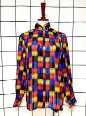 画像1: カラフルチェック ピンドット織り ハイネック レトロ USA古着 シャツ ヴィンテージブラウス (1)