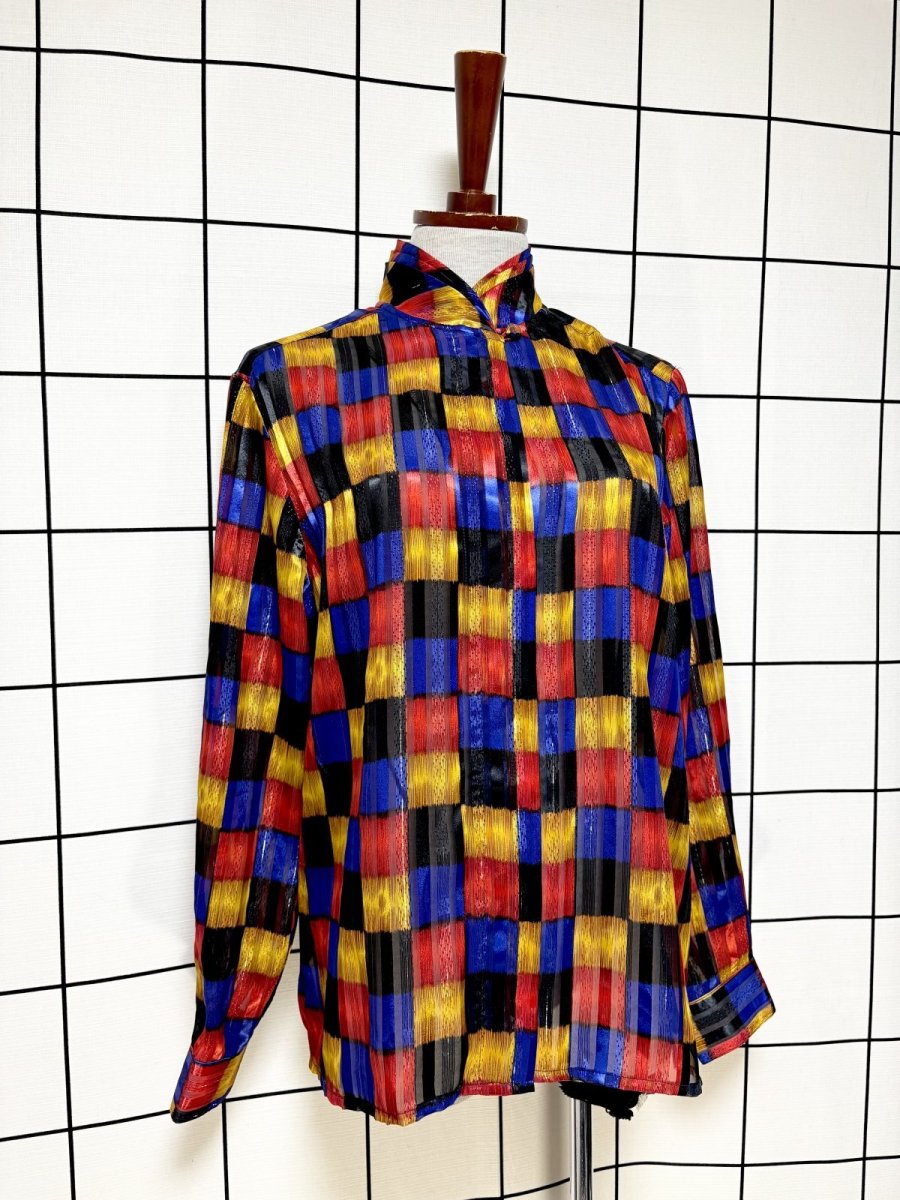 画像3: カラフルチェック ピンドット織り ハイネック レトロ USA古着 シャツ ヴィンテージブラウス (3)