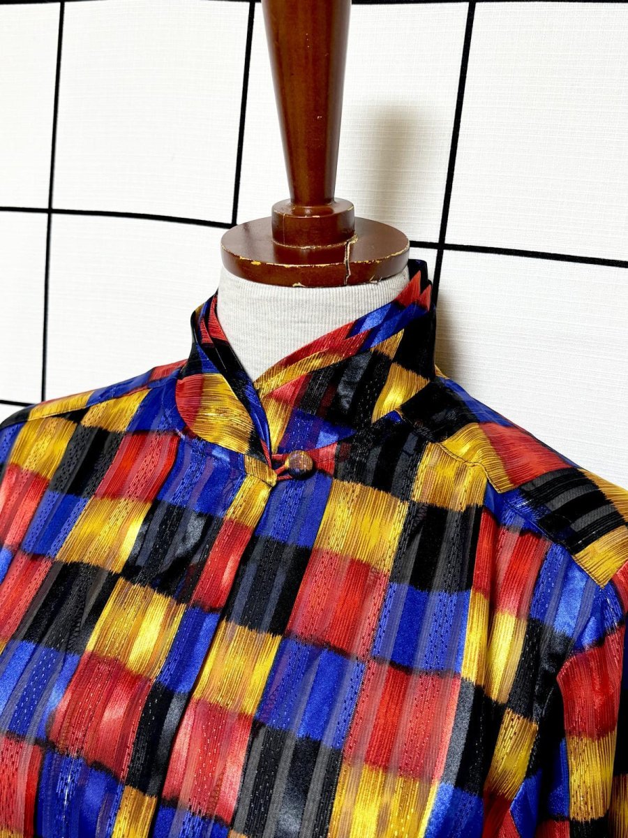 画像4: カラフルチェック ピンドット織り ハイネック レトロ USA古着 シャツ ヴィンテージブラウス (4)