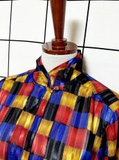 画像4: カラフルチェック ピンドット織り ハイネック レトロ USA古着 シャツ ヴィンテージブラウス (4)