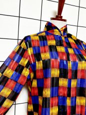 画像6: カラフルチェック ピンドット織り ハイネック レトロ USA古着 シャツ ヴィンテージブラウス (6)