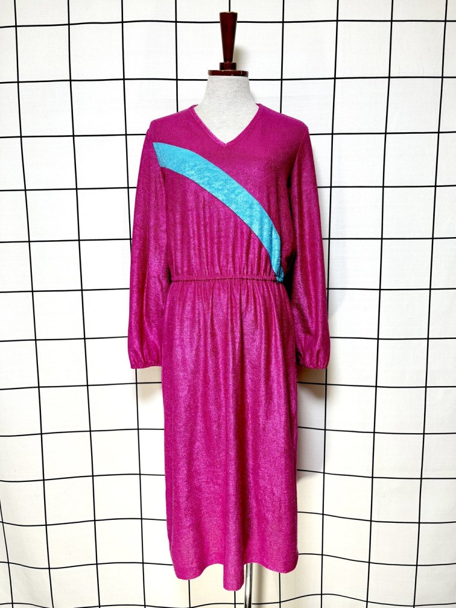 画像1: 斜めストライプライン Vネック ウエストゴム レトロ USA古着 ヴィンテージワンピース (1)