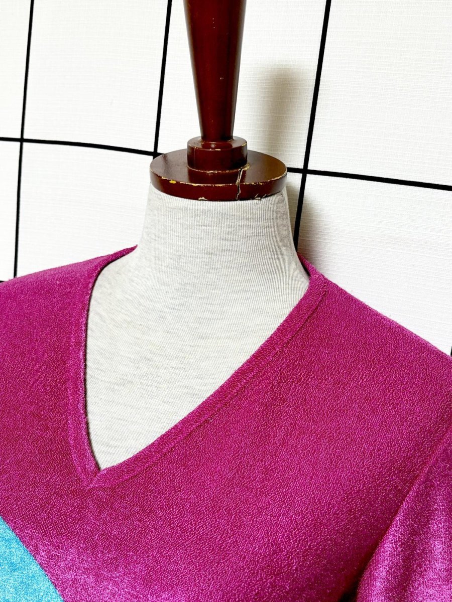 画像4: 斜めストライプライン Vネック ウエストゴム レトロ USA古着 ヴィンテージワンピース (4)