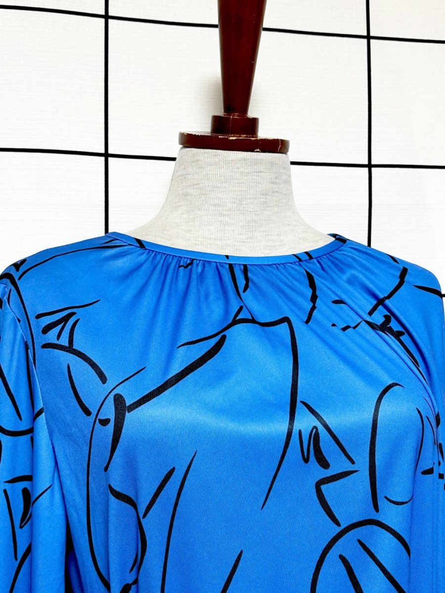 画像5: アート柄 TALON ブルー ブラック ウエストリボン レトロ USA古着 ヴィンテージワンピース (5)