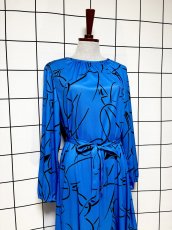 画像3: アート柄 TALON ブルー ブラック ウエストリボン レトロ USA古着 ヴィンテージワンピース (3)