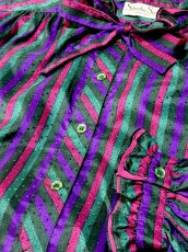 画像9: フリル ストライプ ピンドット織り 首元リボン レトロ USA古着 ヴィンテージワンピース (9)