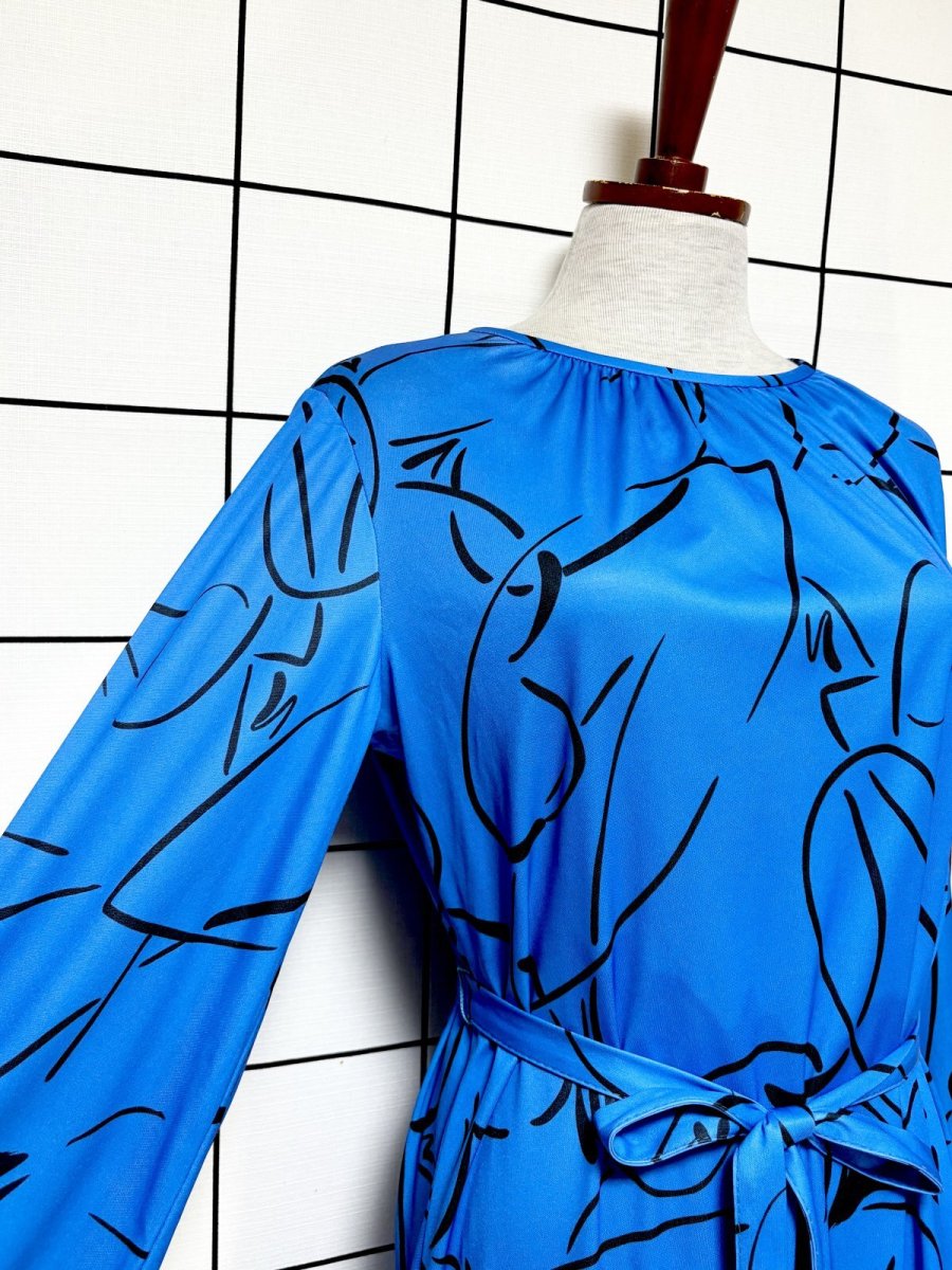 画像6: アート柄 TALON ブルー ブラック ウエストリボン レトロ USA古着 ヴィンテージワンピース (6)