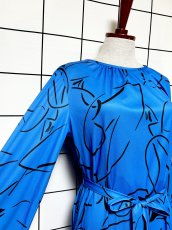 画像6: アート柄 TALON ブルー ブラック ウエストリボン レトロ USA古着 ヴィンテージワンピース (6)