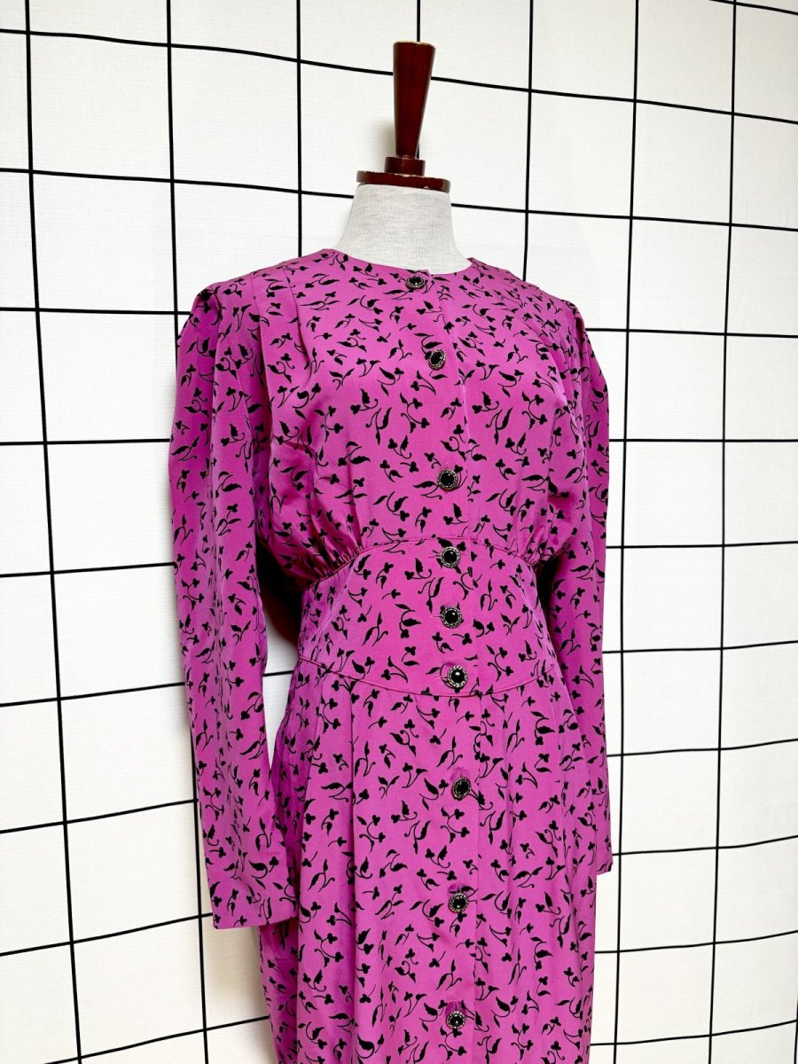 画像3: リーフ柄 前開き ノーカラー レトロ USA古着 ヴィンテージワンピース  (3)