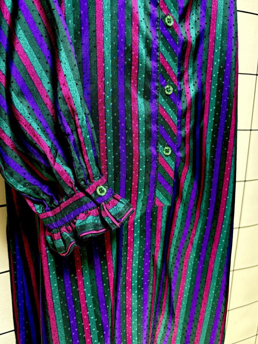 画像7: フリル ストライプ ピンドット織り 首元リボン レトロ USA古着 ヴィンテージワンピース (7)