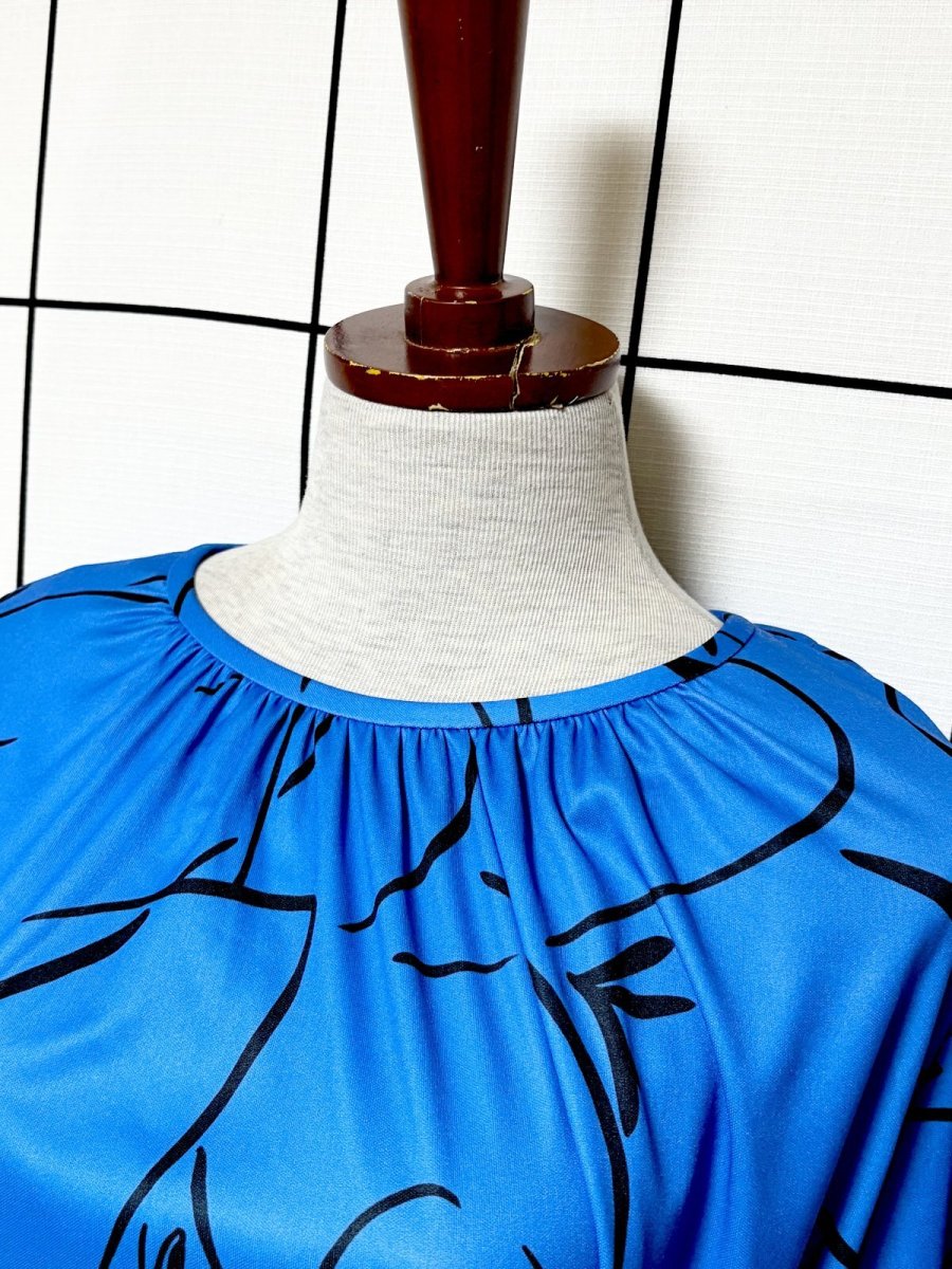 画像4: アート柄 TALON ブルー ブラック ウエストリボン レトロ USA古着 ヴィンテージワンピース (4)