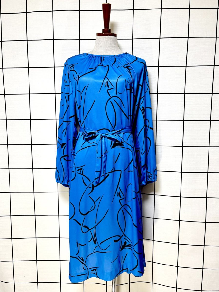 画像1: アート柄 TALON ブルー ブラック ウエストリボン レトロ USA古着 ヴィンテージワンピース (1)