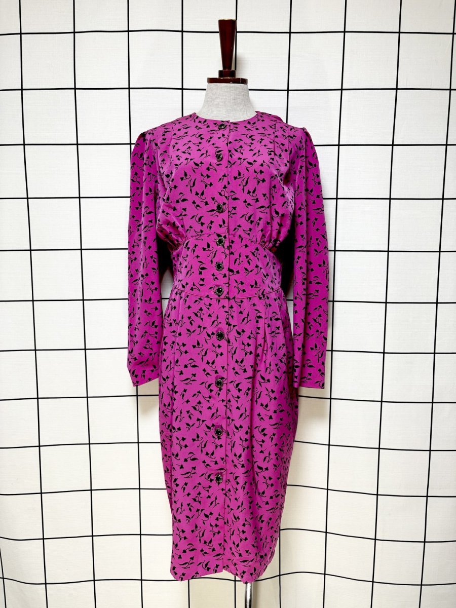 画像1: リーフ柄 前開き ノーカラー レトロ USA古着 ヴィンテージワンピース  (1)